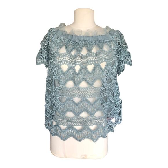 POL Muted Teal Off The Shoulder Crochet Lined Top Small Flirty Feminine NWOT - Picture 1 of 10